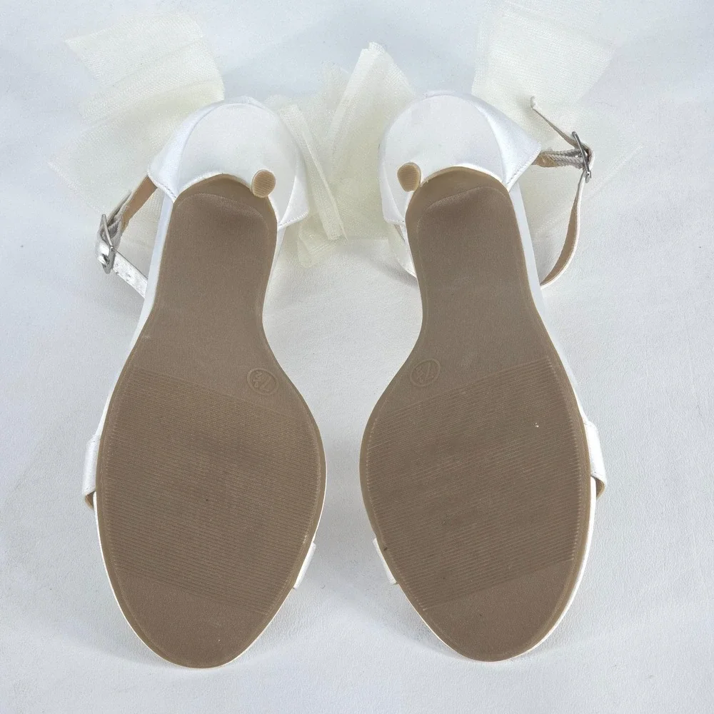 Lulu's Ayanna Satin Bow Ankle Strap Heels Womens 7.5 White Sandals Wedding Shoes